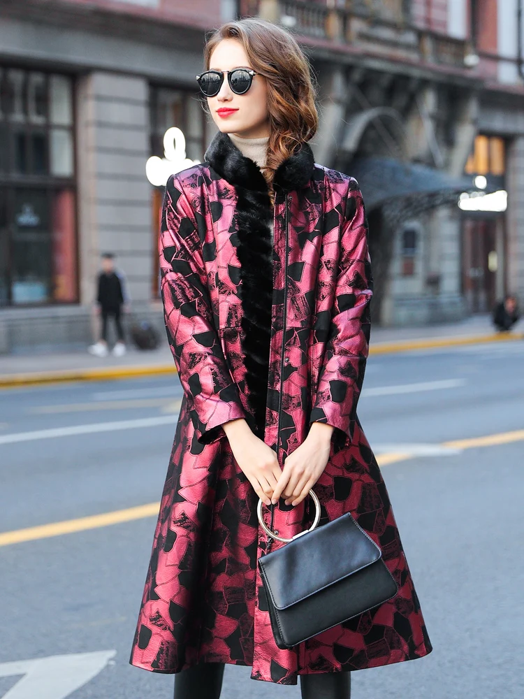 

JCHB 2021 genuine collar Mink fur leather down jacket women's knee-high long middle-aged mother wear printed sheepskin Leather