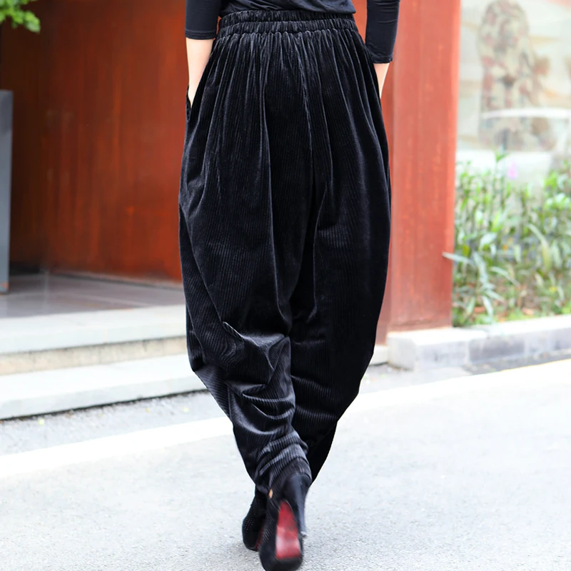 XITAO Black Pleated Pants Fashion New Elastic Waist Pocket Loose Harem Pants Small Fresh Casual Style 2020 Winter DZL2305