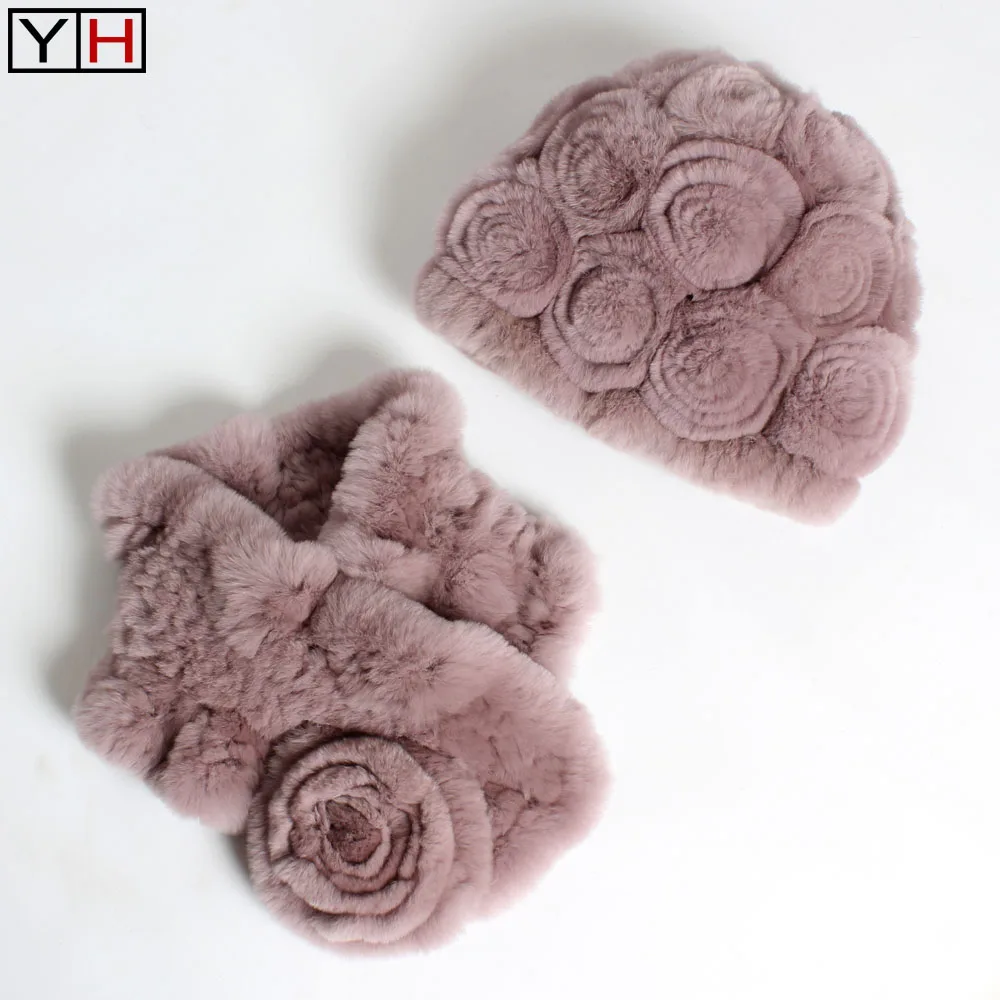 Зимние сапоги из натуральной шарф меха кролика рекс шляпа 2 предмета в комплекте