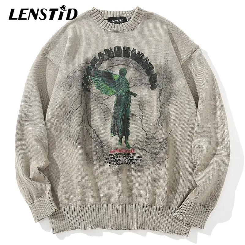 

2021 Youth Men's Hip Hop Knitwear Angel Lightning Printed Streetwear Harajuku Spring and Autumn Trendy Oversized Casual Pullover