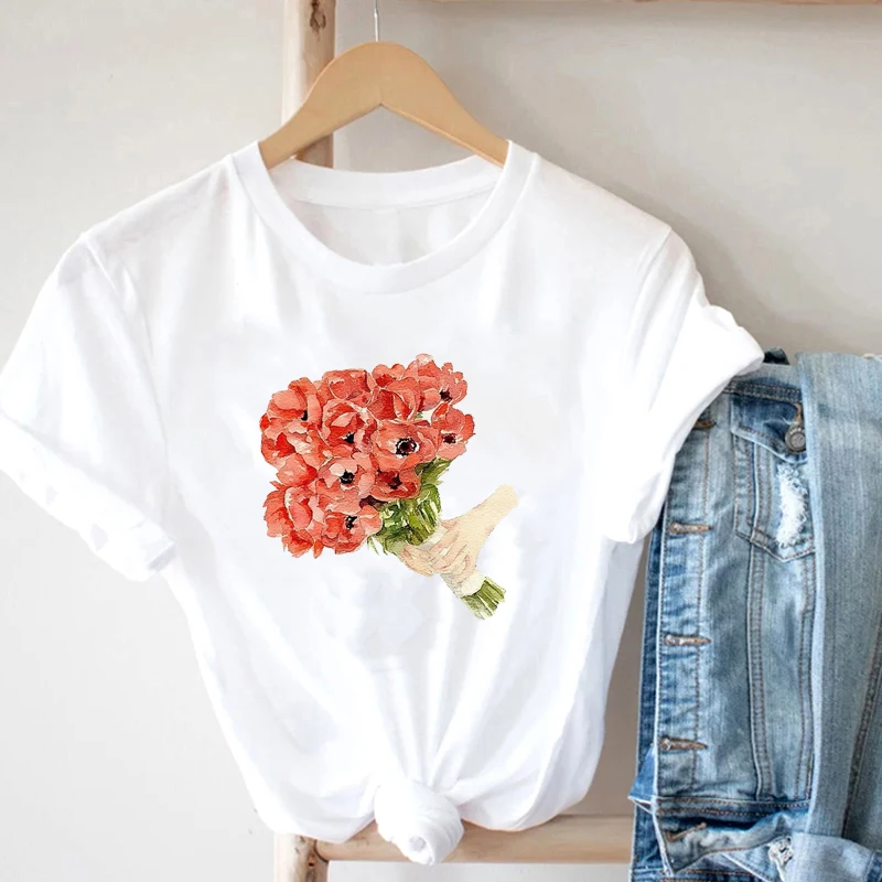 

Fashion Y2k Kawaii Summer 2021 Women's Clothing Cottagecore Flowers Women Top Oil Painting Basic Causel T-Shirts for Women 2021