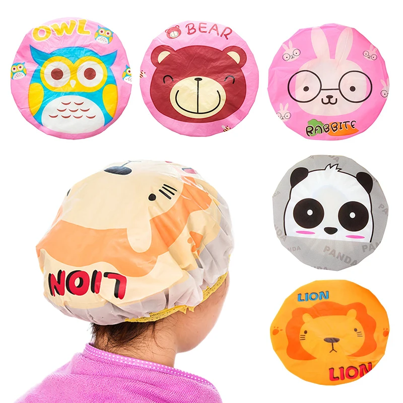 

Cute cartoon shower cap women hat for baths and saunas lace with elastic band spa cap for women and children Protective cap