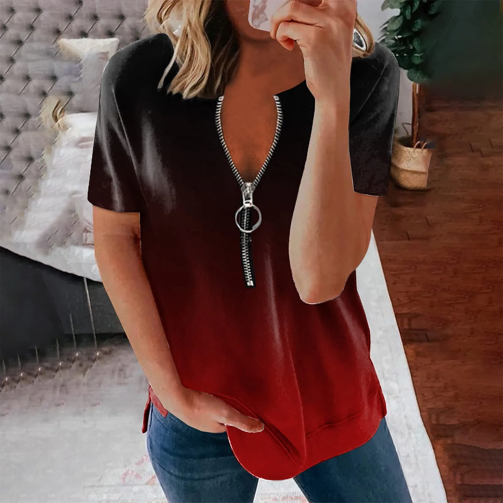 Женская летняя футболка с V образным вырезом на молнии леопардовым принтом топы