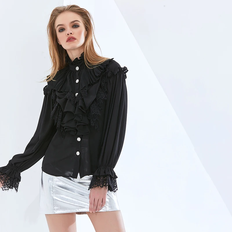 

TWOTWINSTYLE Elegant Shirts For Women Stand Flare Long Sleeve Patchwork Lace Designer Vintage Blouses Female 2020 Autumn Clothes