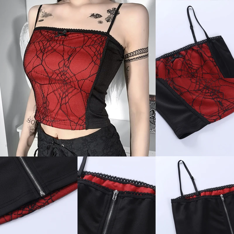 

InsGoth Grunge Goth Top Vintage Harajuku Sexy Cut Out Zipper Camisole Punk Spider Net Graphic Backless Summer Basic Crop Camis
