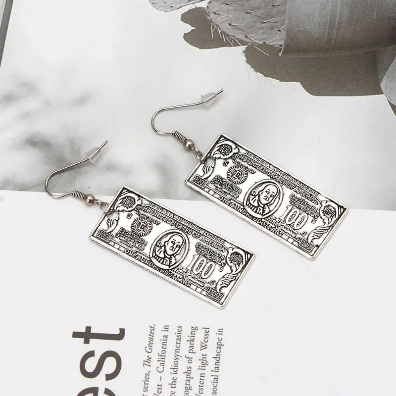 Античные серебряные 100 долларов купюр деньги узор валюты Висячие серьги для