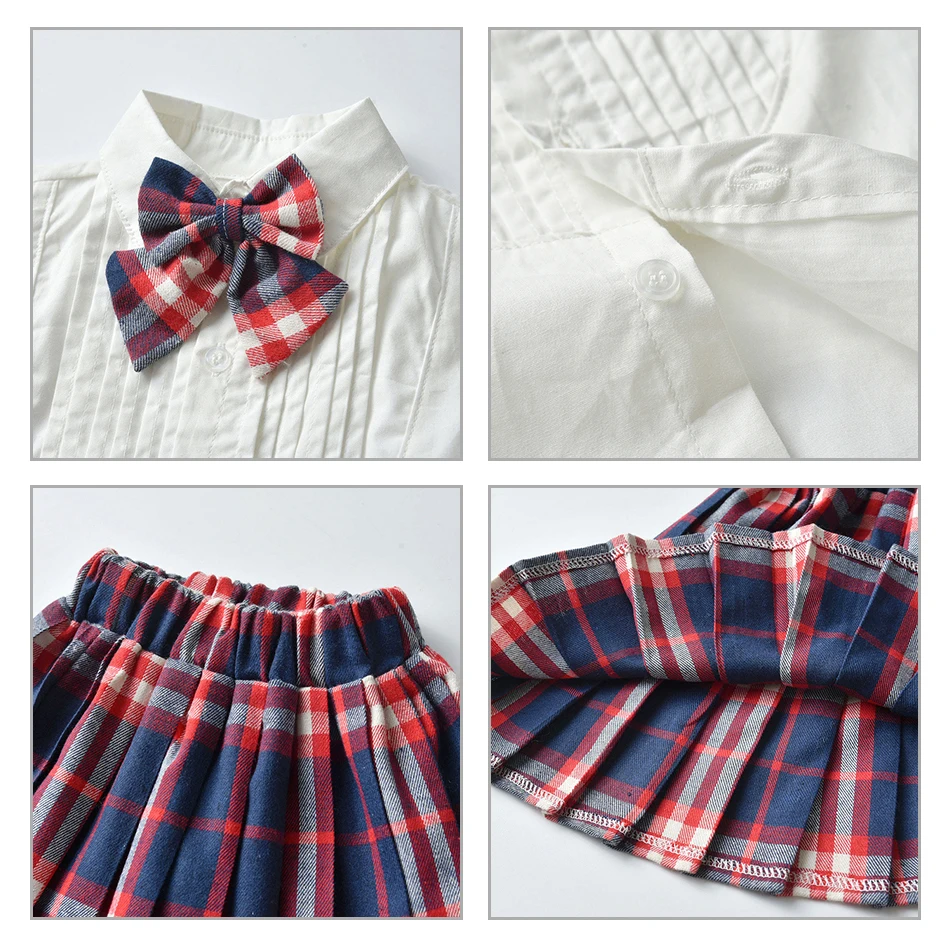 

Children's College Style Sets Baby Girls Clothing White Short Sleeve T-Shirt Big Bow Tie Plaid Knee Skirt Boys 2Pcs Clothes 1-6Y