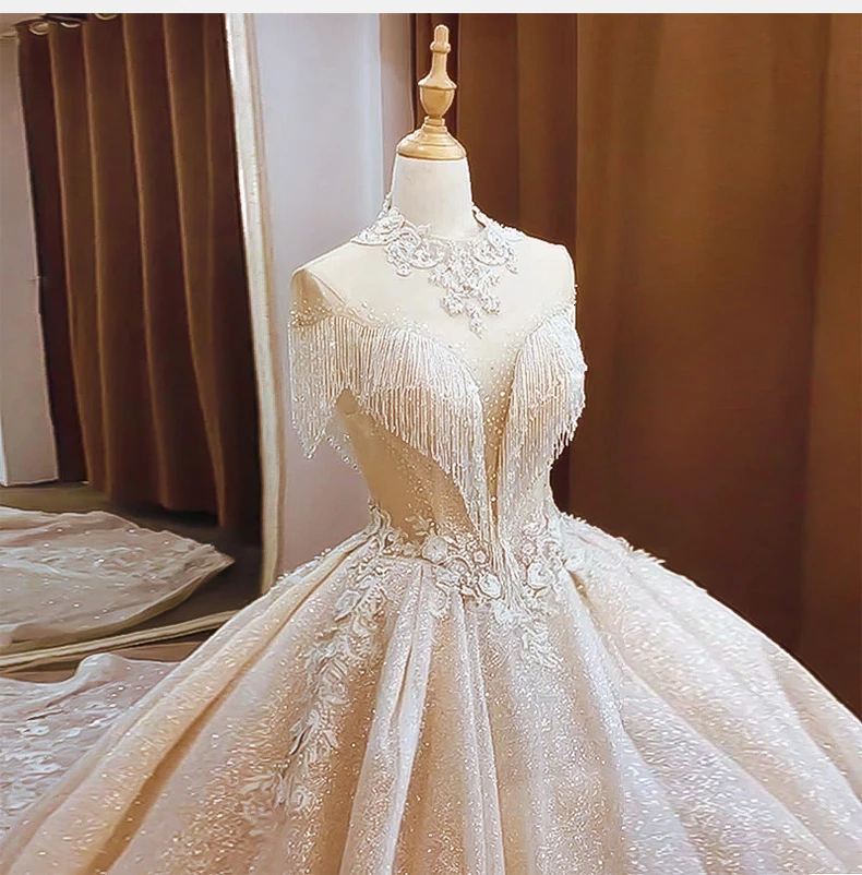Vivian's Bridal блестящая вуаль свадебное платье кружева с высоким воротником, со стразами Иллюзия сетки Бисероплетение кисточкой Принцесса фантазия Свадебное бальное платье