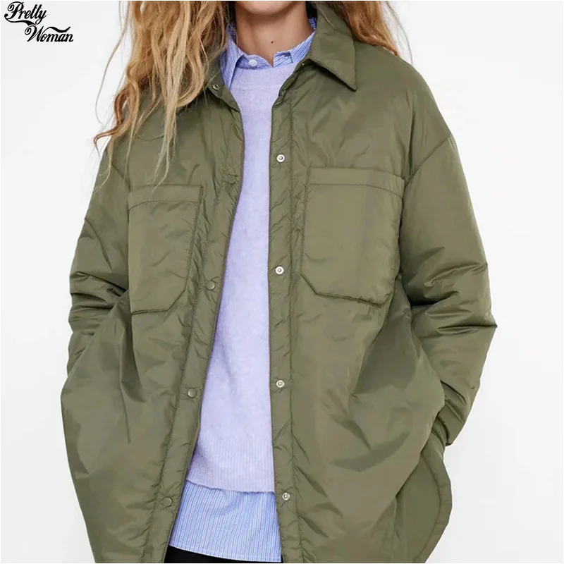 

2021 Autumn New Women's Shirts Jackets Thin Parka Oversize Shirt Coats Femme Armygreen Outerwear Coats Long Sleeve Khaki Coat