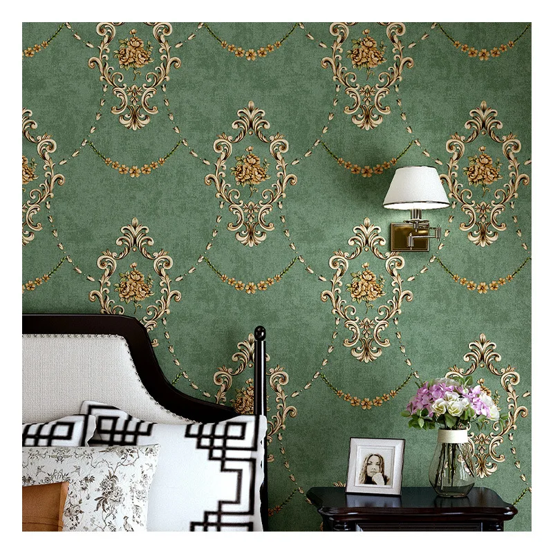 

Dark Green Wallpaper American Retro 3D European Countryside Living Room Home Bedroom Background Non-Self-Adhesive Wallpaper