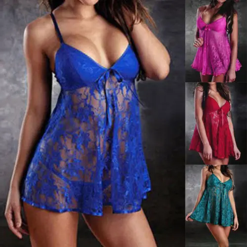 

2020 New Women sexy strap v neck Lace Dress See-through Nightdress +G-string Nightgown Ladies Sleepwear Nightwear 5 colors