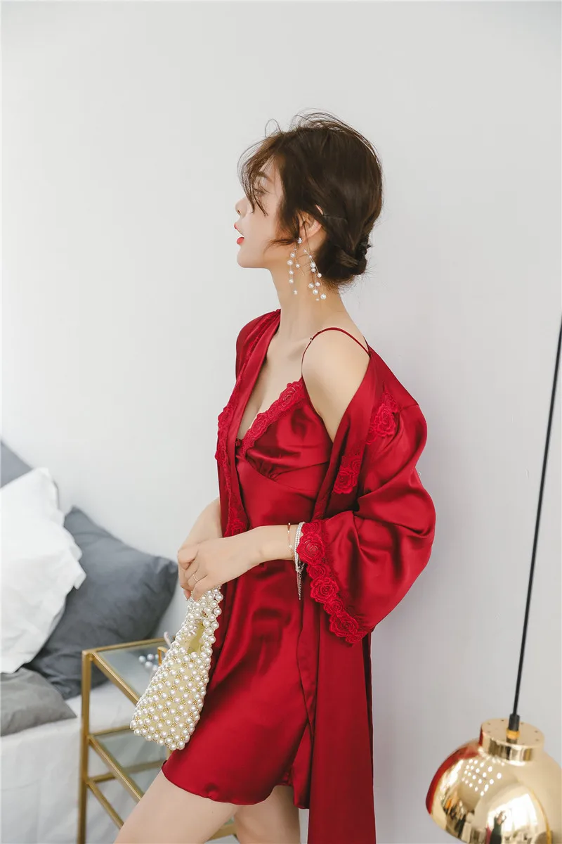 

Sweet Lace Flower Trim Kimono Robe Gown Suit Lady Spring Summer New Sleepwear Sexy V-Neck Nightgown Satin Home Dress Bathrobe