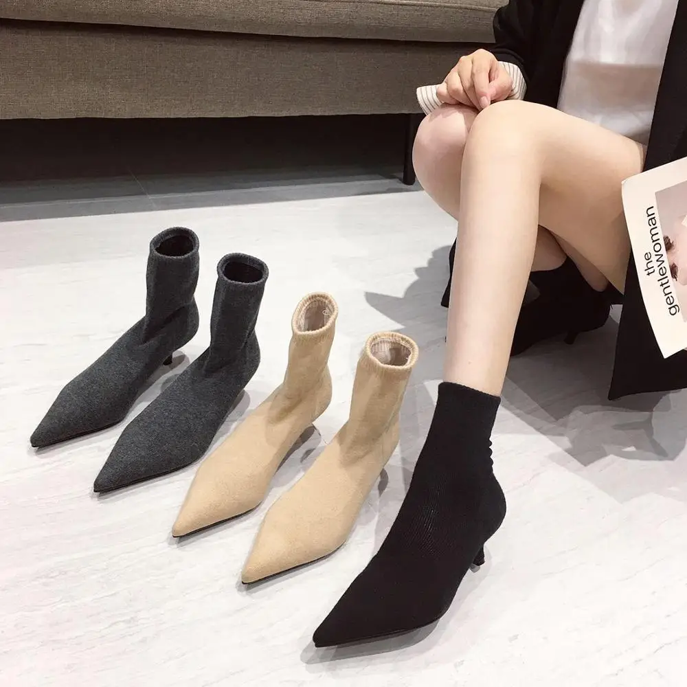 

NIUFUNI 3 Colors Womens Sock Ankle Boots Knitting Elasitc Botas Mujer Pointed Toe Med Heel Boots 2020 Autumn Shoes Woman