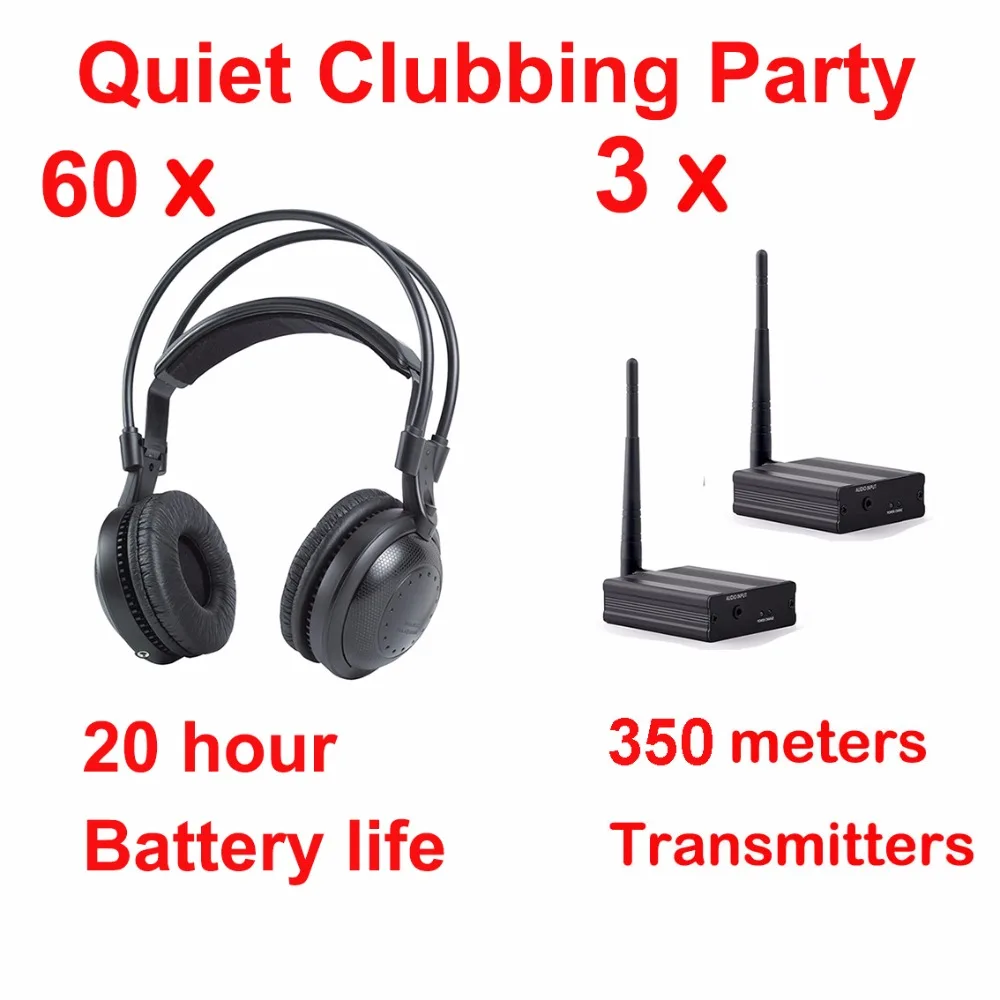 

Competitive Price Silent Disco Wireless Headphones Package with 60 Headsets + 3 Transmitters 500m Distance Quiet Clubbing Party