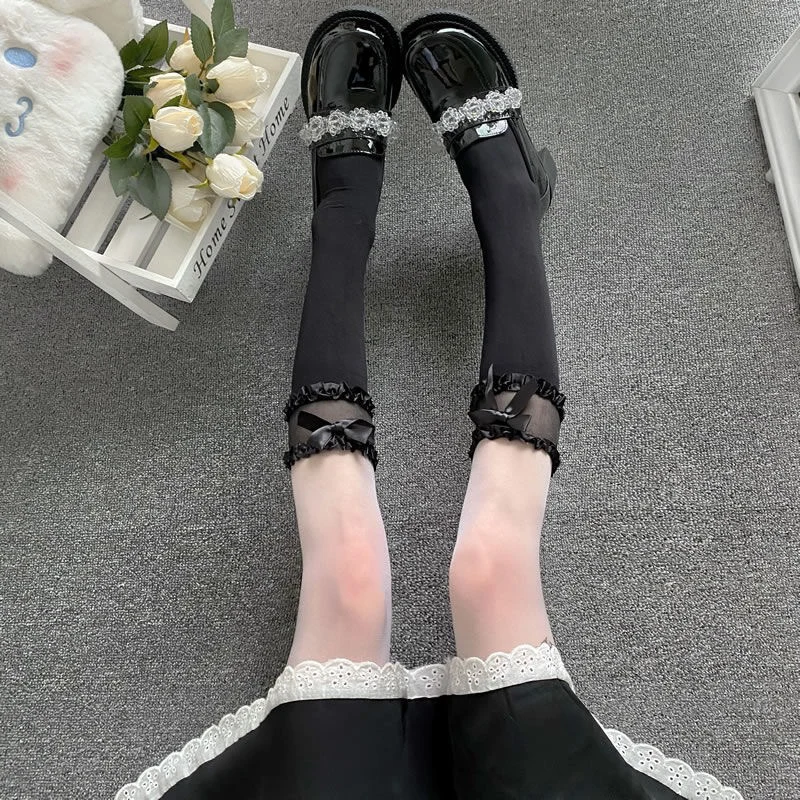 

Ladies summer lolita lace dark black calf socks Lolita thin breathable