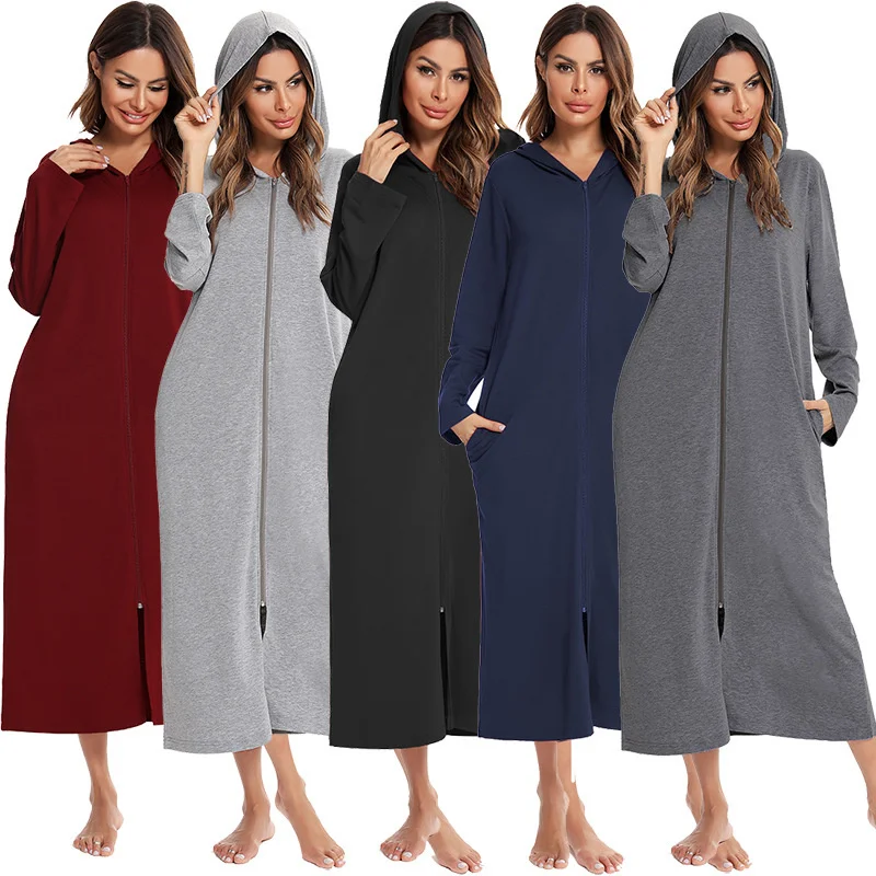 

Autumn Women's Pajamas Zipper Sleepwear Coat With Pocket With Hood Modal Solid Long Sleeve Nightgown Robe Home Night Wear Women