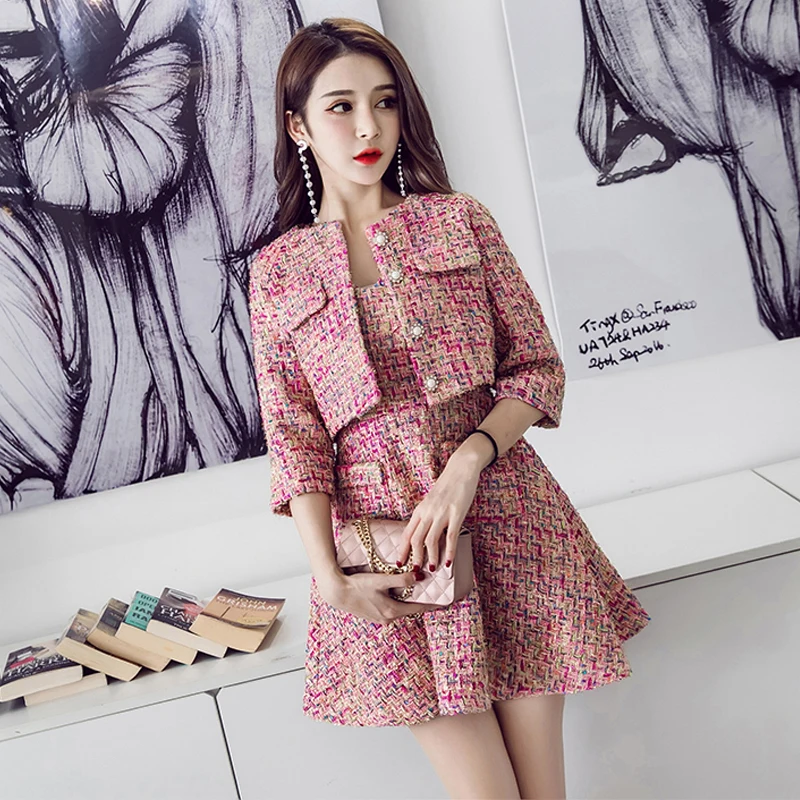 

2020 New Tweed Suit Woman High Quality Two Piece Sets Autumn Clothes Women Tweed Mini Dresses + Long Sleeve Short Blazer Jacket