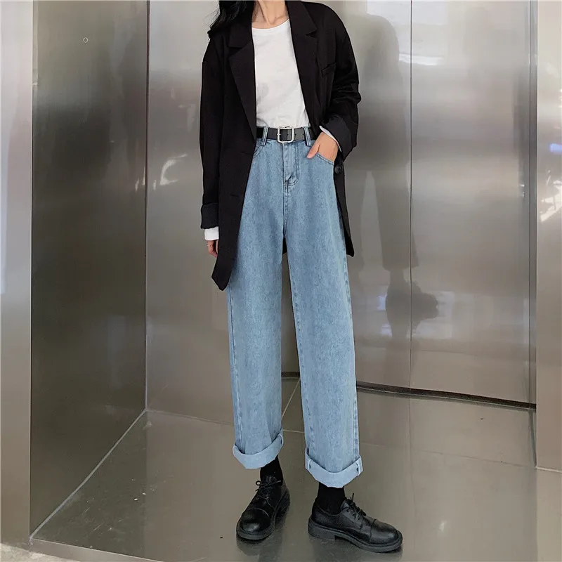 

Solid High Waist Korean Style Vintage Loose Wide Leg Pants Boyfrineds Mom SML Size Women Beige Blue Black Jeans