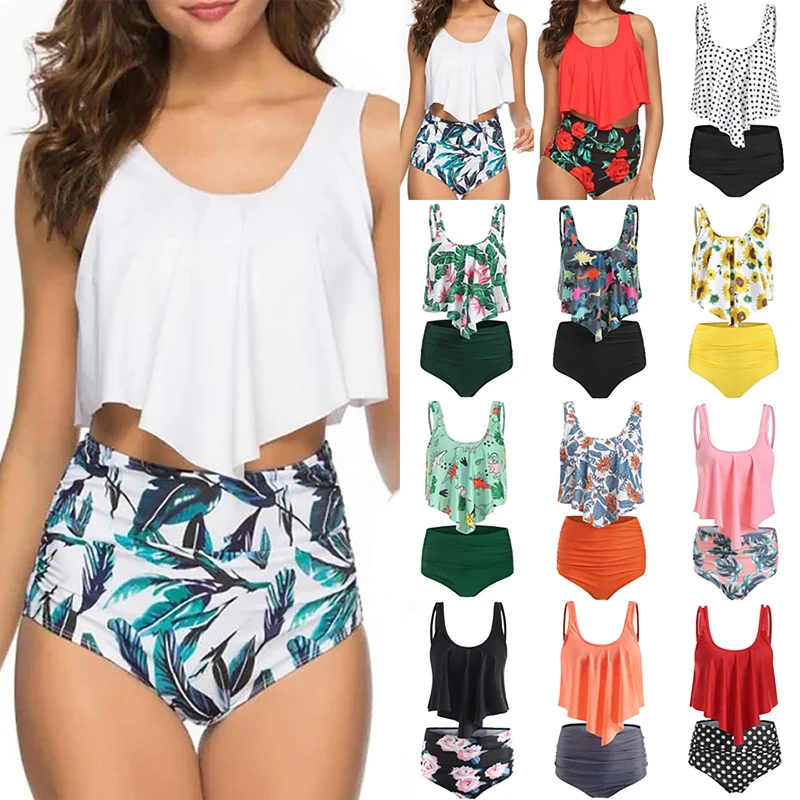 Купальник женский с оборками комплект из двух предметов пляжная одежда принтом