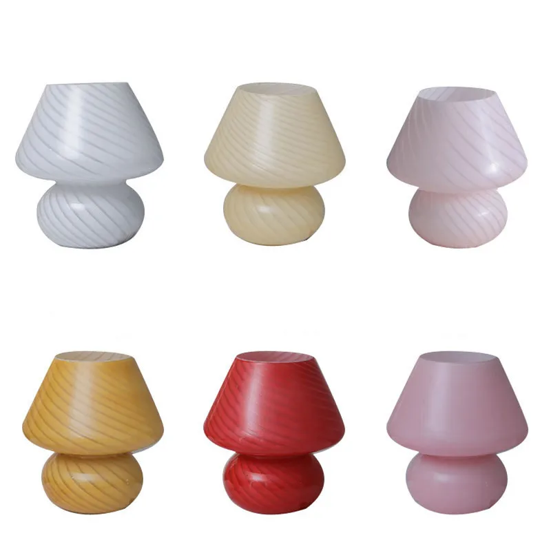 Большая разноцветная настольная лампа в форме гриба из стекла размером 9,05 дюйма с LED-подсветкой для спальни AC90V~265V в стиле Мурано и полосатым освещением.