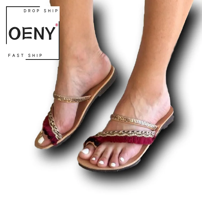 

Women's Flat Slippers 2020 Summer Women Retro Casual Beach Open Toe Sandals Rhinestone Tassel Women's Footwear Tenis Feminino