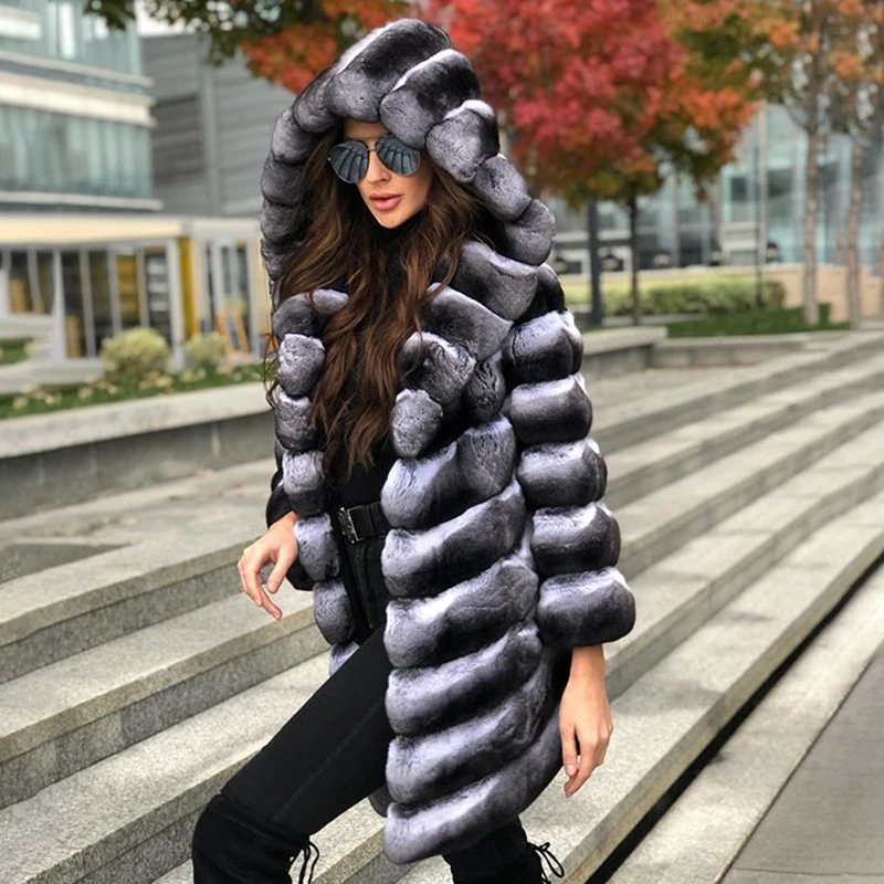 Mid-length Real Rex Rabbit Fur Jacket with Hood 2022 New Fashion Chinchilla Color Genuine Rex Rabbit Fur Coat Warm Fur Overcoats enlarge