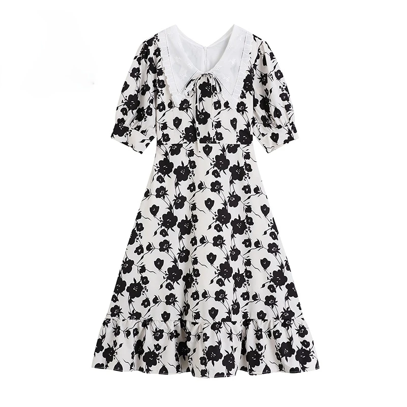 

French Vintage Elegant Turn Down Collar Women Dresses 2021 Summer High Waist Floral Print Slim Pleated Mid-length Dress Lady