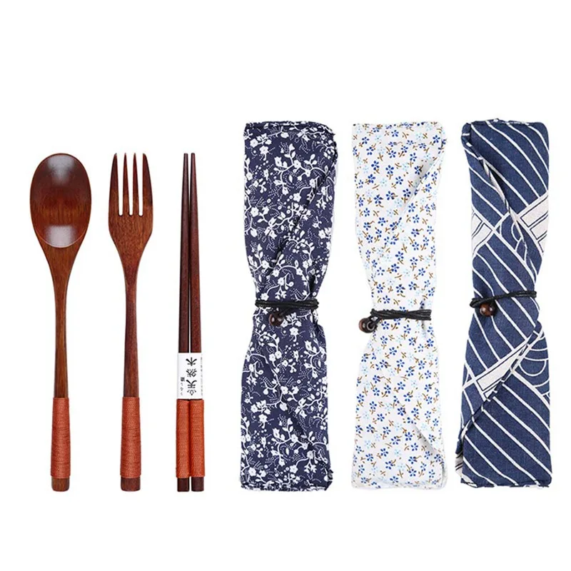 

High-end Chopsticks Spoon Portable Wooden Cutlery Set Chopsticks Spoon Cloth Bag three-piece Dinnerware Set
