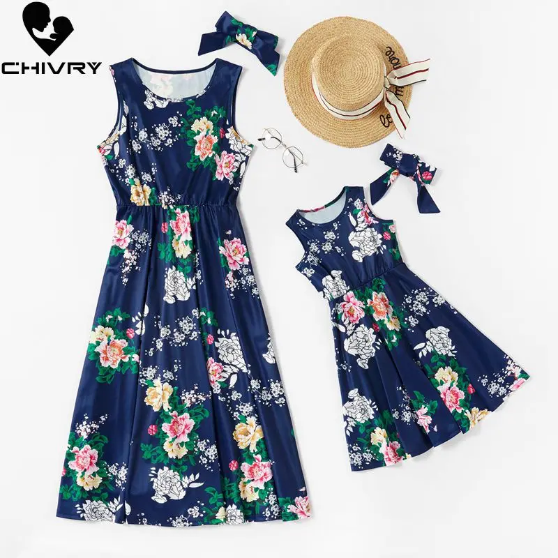 

New 2020 Summer Mother Daughter Dresses Sleeveless Floral Print Dress Mom and Daughter Sundress Family Matching Clothes
