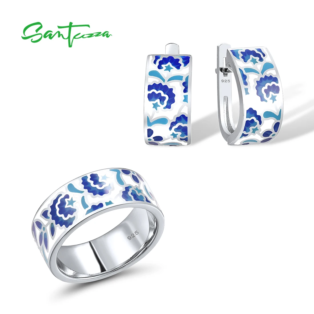 SANTUZZA Silver Jewelry Set for Women Pure 925 Sterling Silver Blue Flower Enamel Earrings Ring Set Trendy Fine Jewelry Handmade