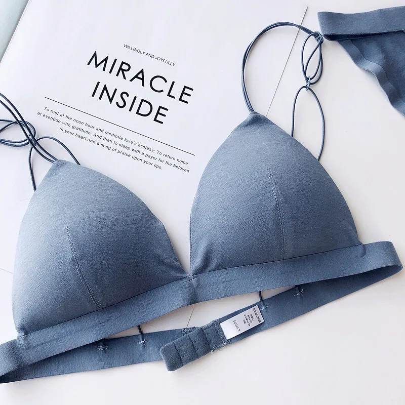 blue bra Wriufred, простой модальный хлопковый комплект нижнего белья, тонкие бретельки, собранный сексуальный бюстгальтер и трусики, удобный треугольный бюстгальтер - Цвет: blue bra