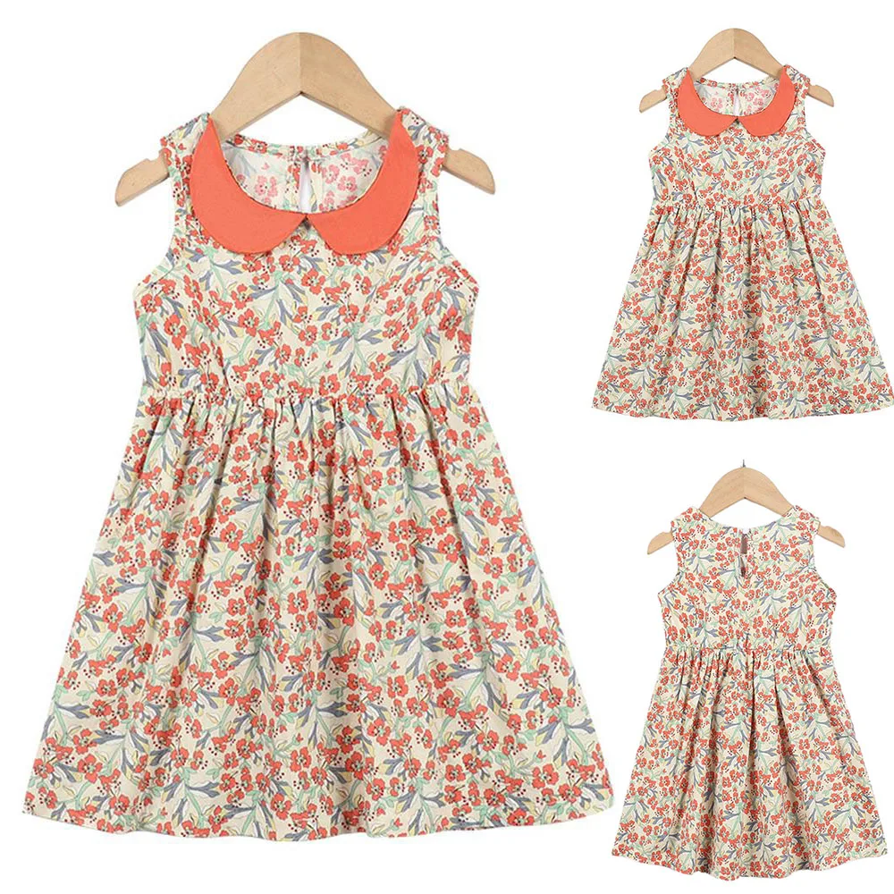 

Girls Kids Summer Doll Collared Floral Printed Sleeveless A-Line Dresses Casual Baggy Tank Sundress