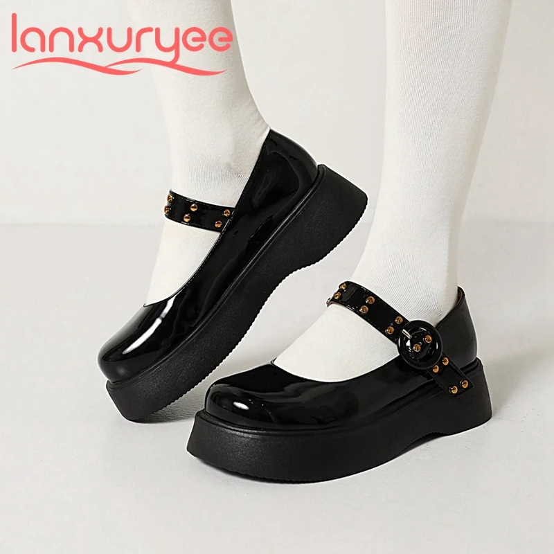 

Lanxuryee plus size 42 mary janes round toe thick bottom med heels shallow rivets belt buckle ins wine color sweet pumps l0f1