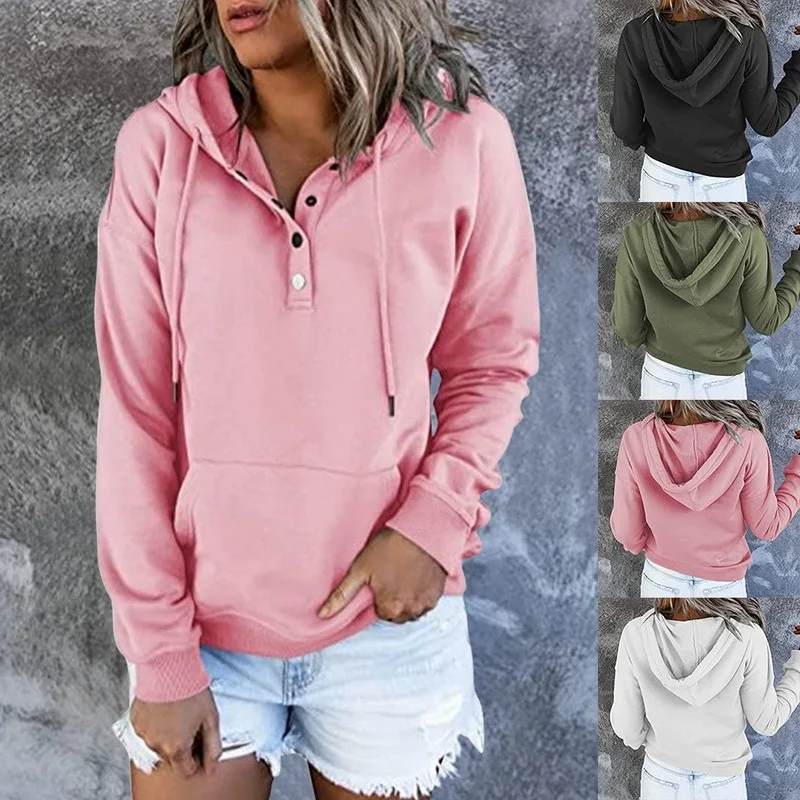 

2021 Autumn And Winter Women's Solid Color Hooded Sweatshirt Sweatshirt Japanese Solid Color Hooded Warm Pocket Button Top