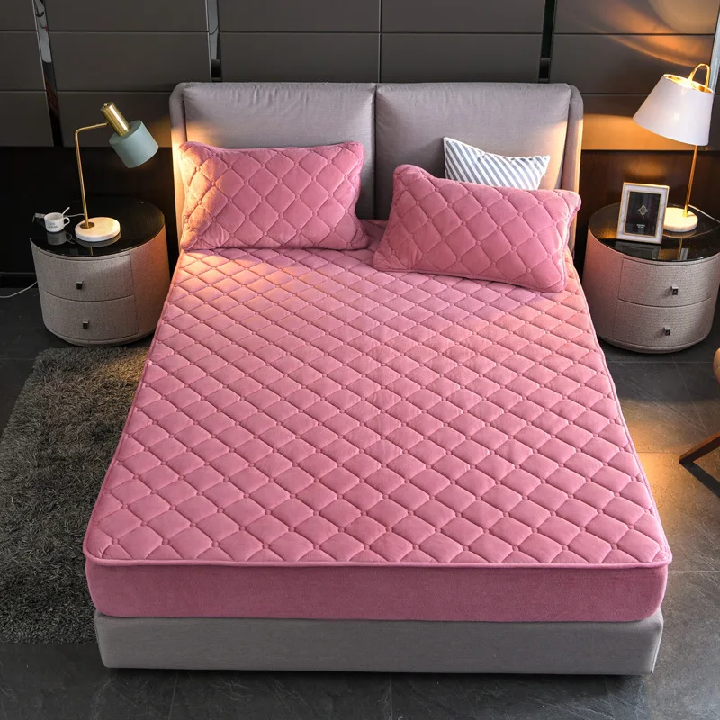 

Bed sheets and pillowcases Crystal Velvet Thicken Quilted Mattress Cover Warm Soft Plush Queen King Quilted Bed Fitted Sheet