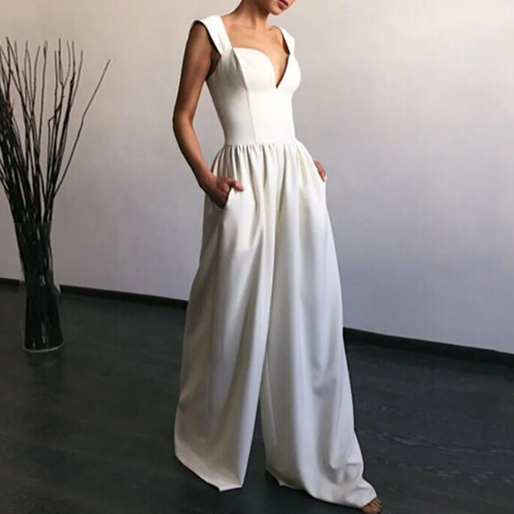 

Summer 2021 Europe America V-neck Backless Solid Color Slim High Waist Jumpsuit Fashion Temperament Casual Simplicity