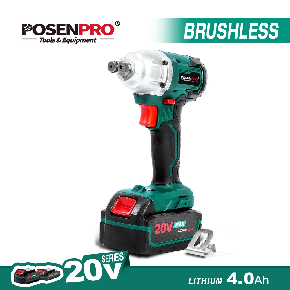 

POSENPRO Cordless Impact Wrench Brushless and Brushed 20V Electric Wrench 4.0Ah Li-ion 2 speed 320N.m Car Repair Store