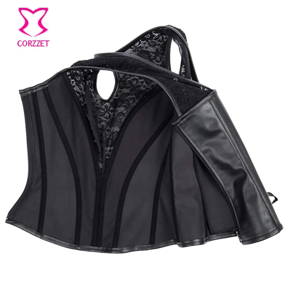 Корсет женский в готическом стиле Черная кружевная кожаная майка на молнии сбоку