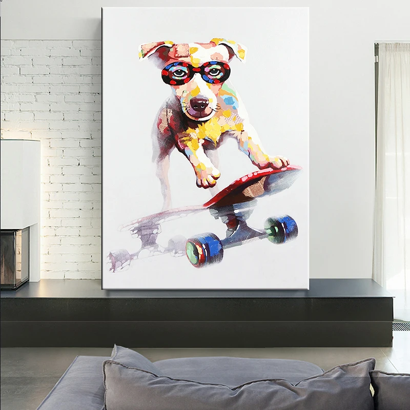 Dog Playing Scooter Canvas Print Oil Painting Hand Painted Living Room Abstract Wall Pictures Hoom Decor Animal Posters | Дом и сад
