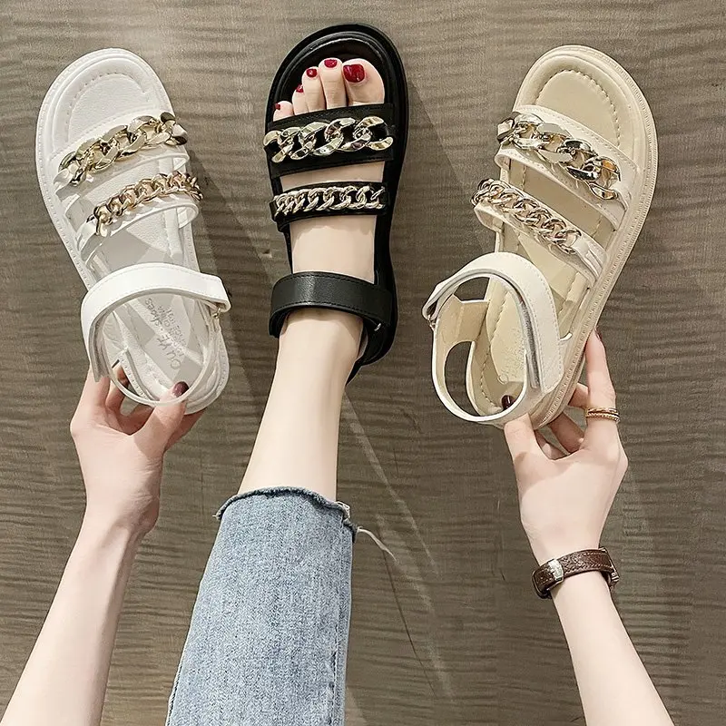 

Platform Sandals Women's Summer Shoes Metal Chain Thick-soled Velcro Casual Beach Shoes Leisure Leather Gladiator Sandalias