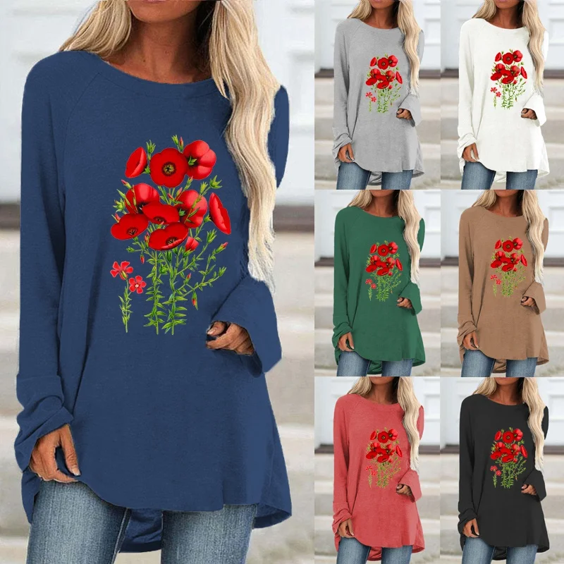 

Однотонный осенний модный Свободный Топ с длинным рукавом и цветочным принтом, Женский пуловер, блузка с круглым вырезом, элегантные свобод...