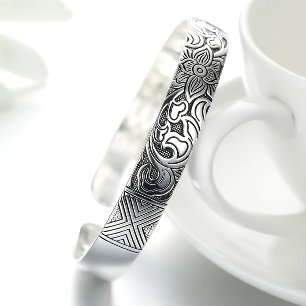 

Fashion 925 Sterling Silver Woman Lucky Cuff Bracelet Lotus Flower Bangle Girls Party Jewelry Gifts