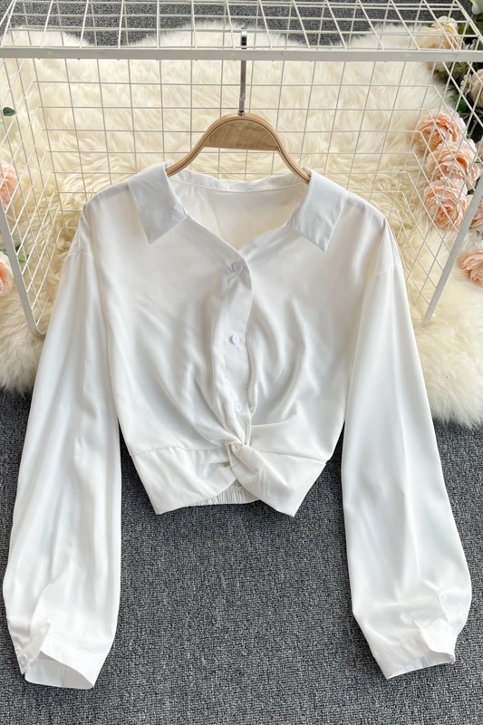 

2021 New Design Solid Turn Down Collar Knotted High Waist All Match Office Lady Womens Tops