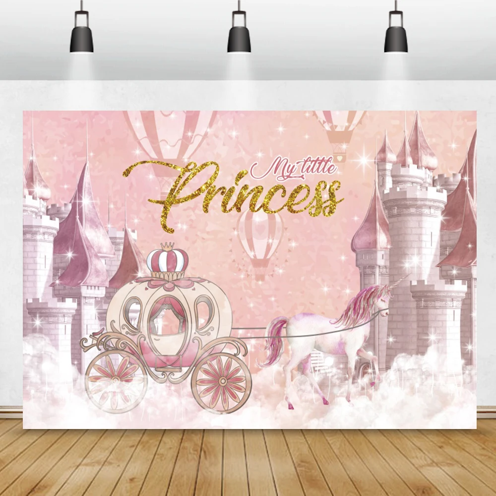 

Princess Birthday Party Backdrop For Photography Castle Unicorn Carriage Glitter Stars Customized Baby Portrait Photo Background