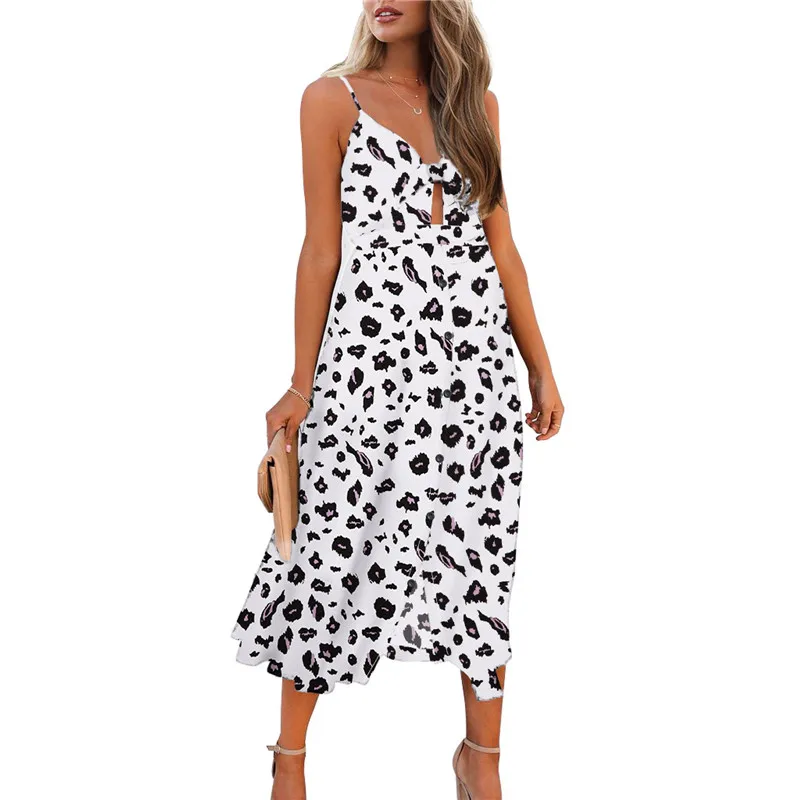 Женское платье на бретелях-спагетти леопардовое Повседневное средней длины с