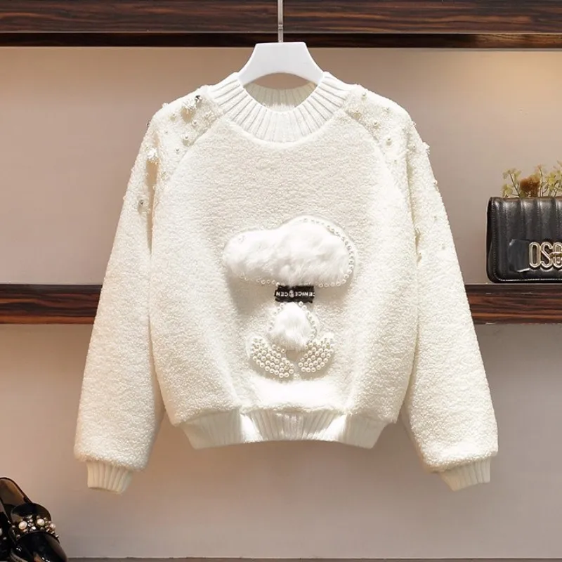 Размера плюс 2020 новый сладкий Розовый пуловер с круглым вырезом свитера синего