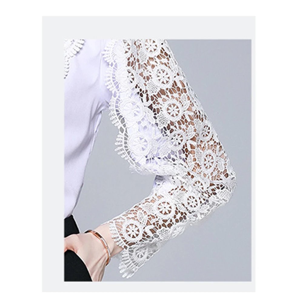 

Simgent White Lace Blouse Women Stand Collar Elegant Party Crochet Lace Patchwork Shirts Woman Tops Ladies Clothing SG14168