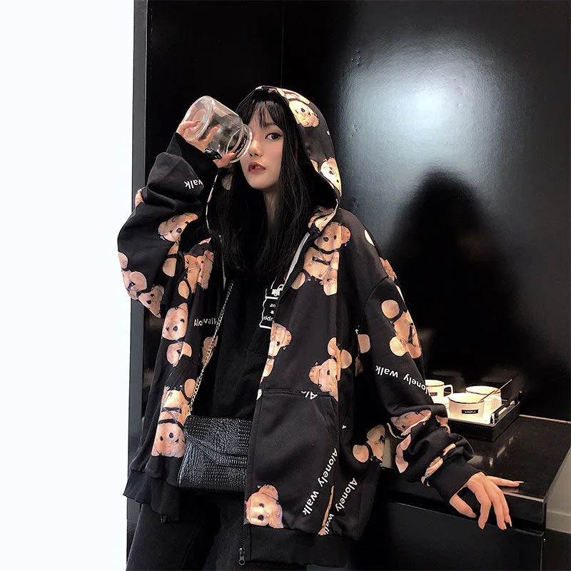 

Trendy Full Print Pattern Little Bear Women Jackets Coats Loose Overcoat 2020 Spring Autumn Female White Hooded Hoodie Oversize