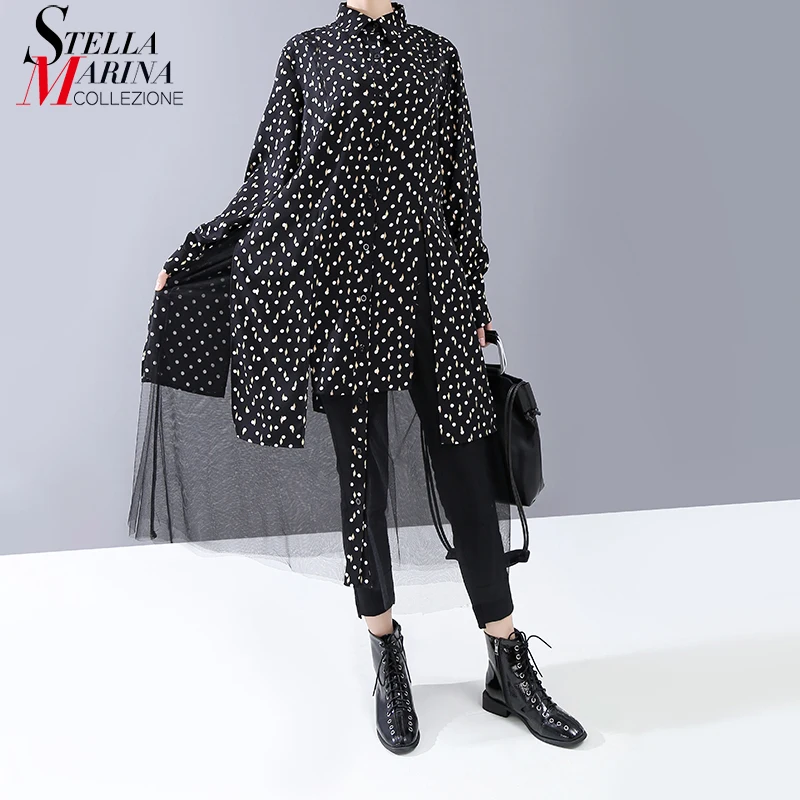 Новинка 2019 Женское зимнее черное платье рубашка Сетчатое с разрезом со