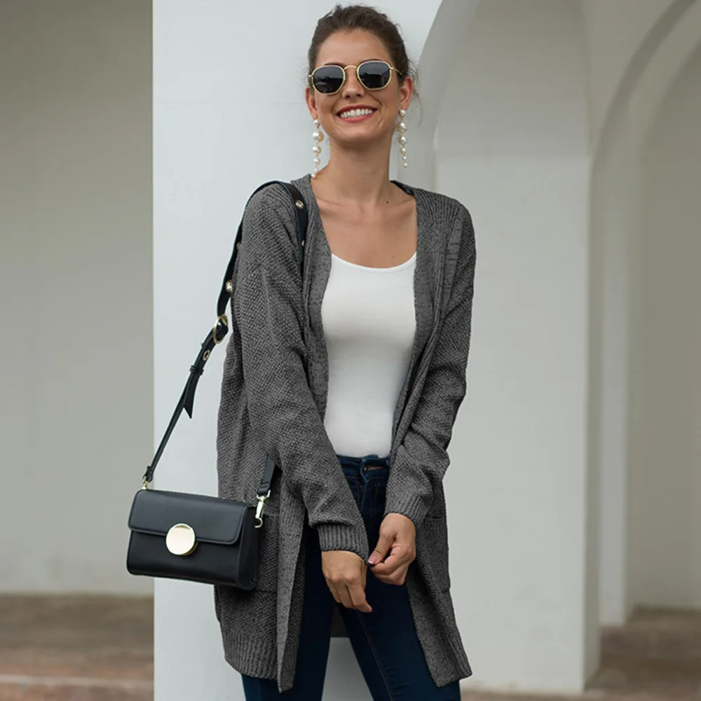 Зимний женский свитер кардиган вязаный Повседневный Кардиган с карманами